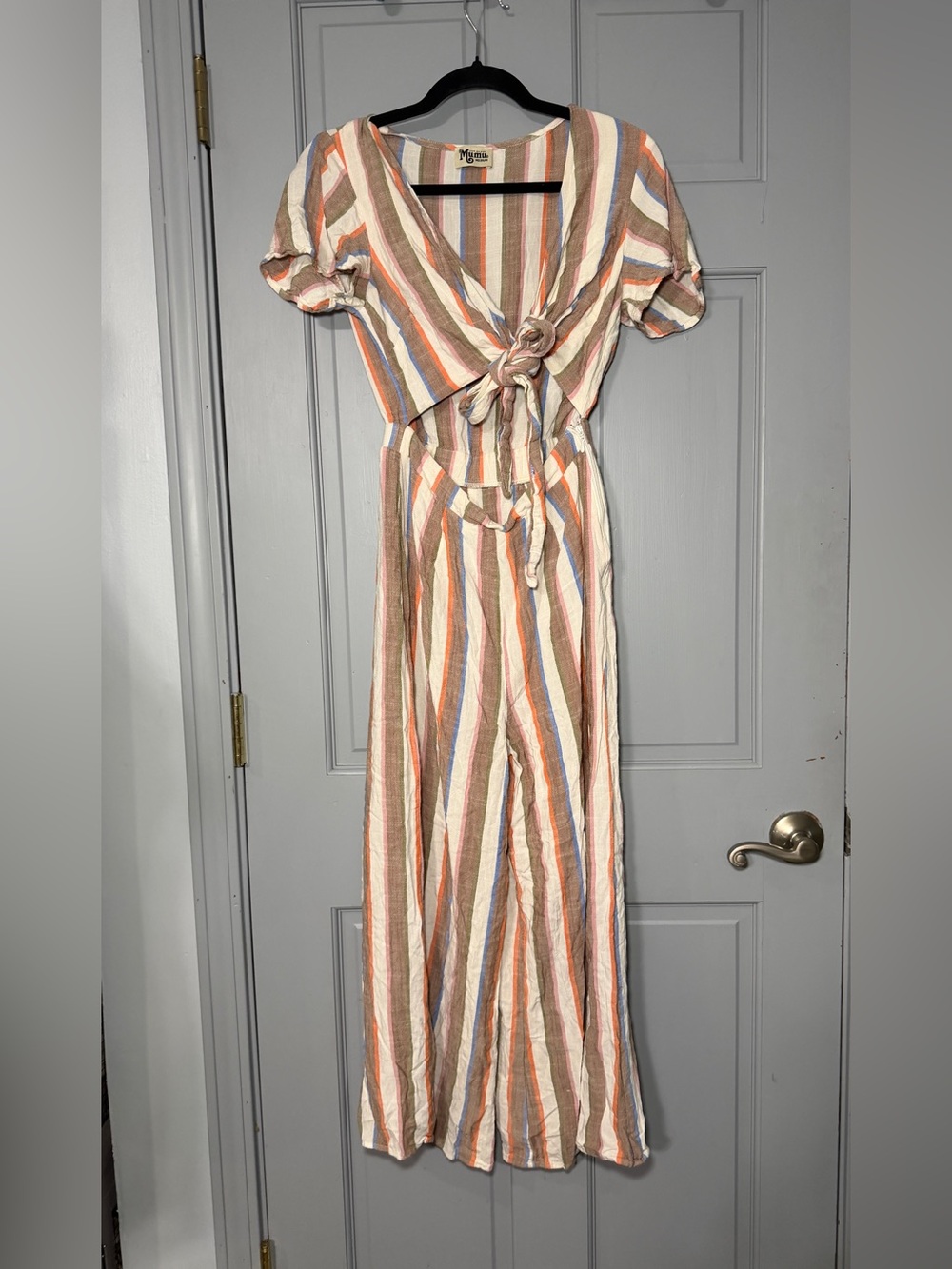 Show Me Your MuMu Striped Tie-Front Jumpsuit in Cream, Rust, Blue, Olive